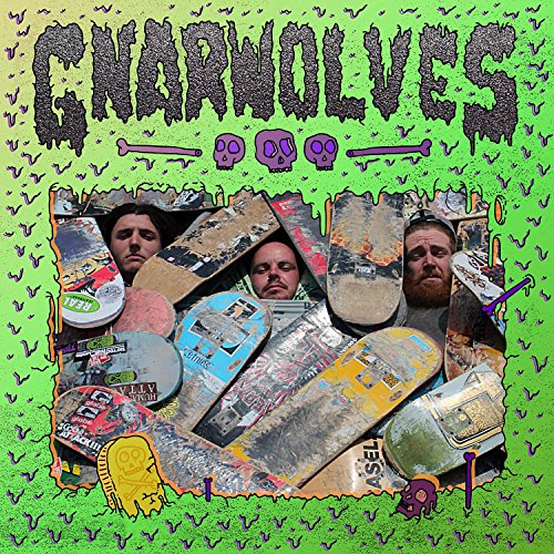 "Album cover with three men surrounded by skateboards on a green background with purple bats."