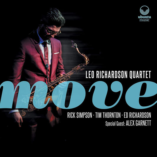 Man in red suit plays saxophone on album cover with "move" in large blue letters.