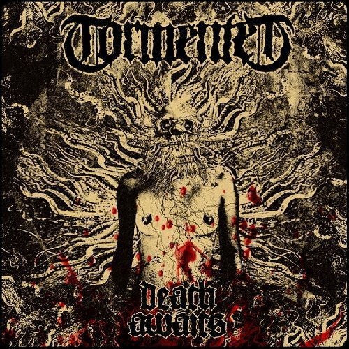 "Album cover art: 'Tormented - Death Awaits' with a gruesome, bloodied figure and skull."