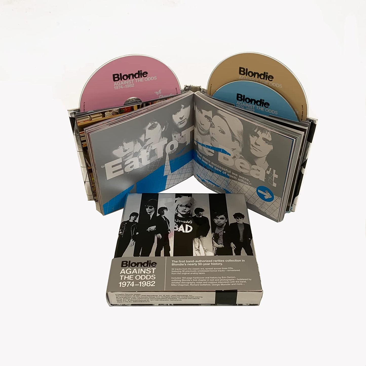 CD box set "Blondie - Against The Odds: 1974-1982" with discs and booklet, open and displayed.