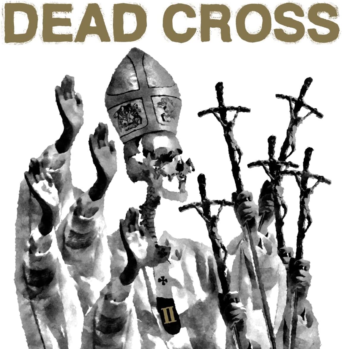"Dead Cross II vinyl album cover featuring a skeletal pope with raised hands."