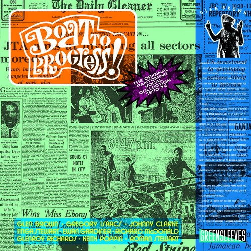 "Album cover with 'Boat To Progress' title, collage of newspaper clippings and illustrations."