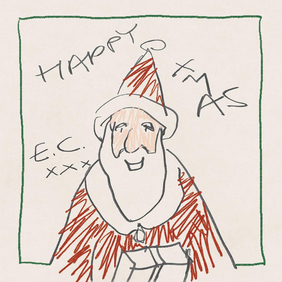 Hand-drawn image of Santa Claus with "Happy Xmas" text, simple, childlike illustration.