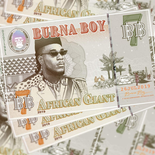 "Image shows multiple copies of Burna Boy's 'African Giant' CD cover artwork resembling banknotes."