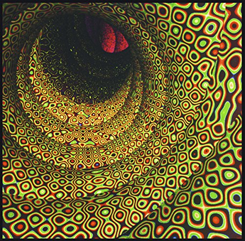 The image depicts a vinyl record cover with a psychedelic eye design. Alt text: Psychedelic eye with colorful patterns on a vinyl record cover.