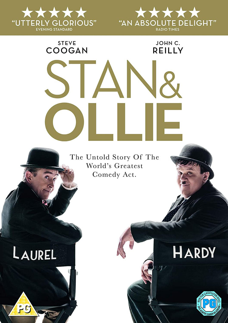 "DVD cover for 'Stan & Ollie' featuring two men in director's chairs."