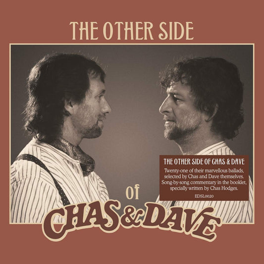 "Album cover with two men facing each other, sepia-toned, on a brown background."
