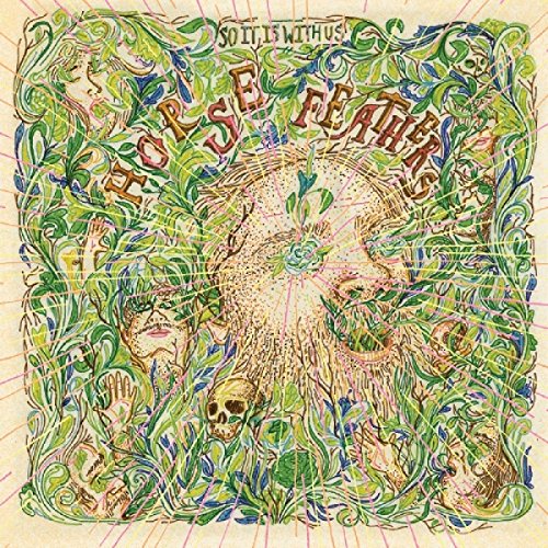 The image depicts a vinyl record cover with a psychedelic design. Alt text: "Vinyl record cover with psychedelic green, blue, and brown illustration."