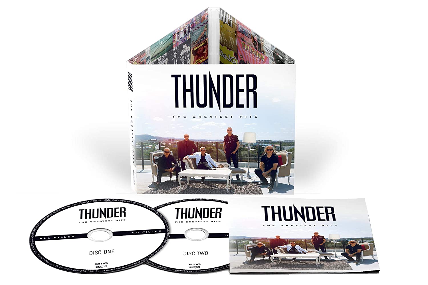 "CD cover featuring the band 'Thunder' posing on a rooftop with cityscape."