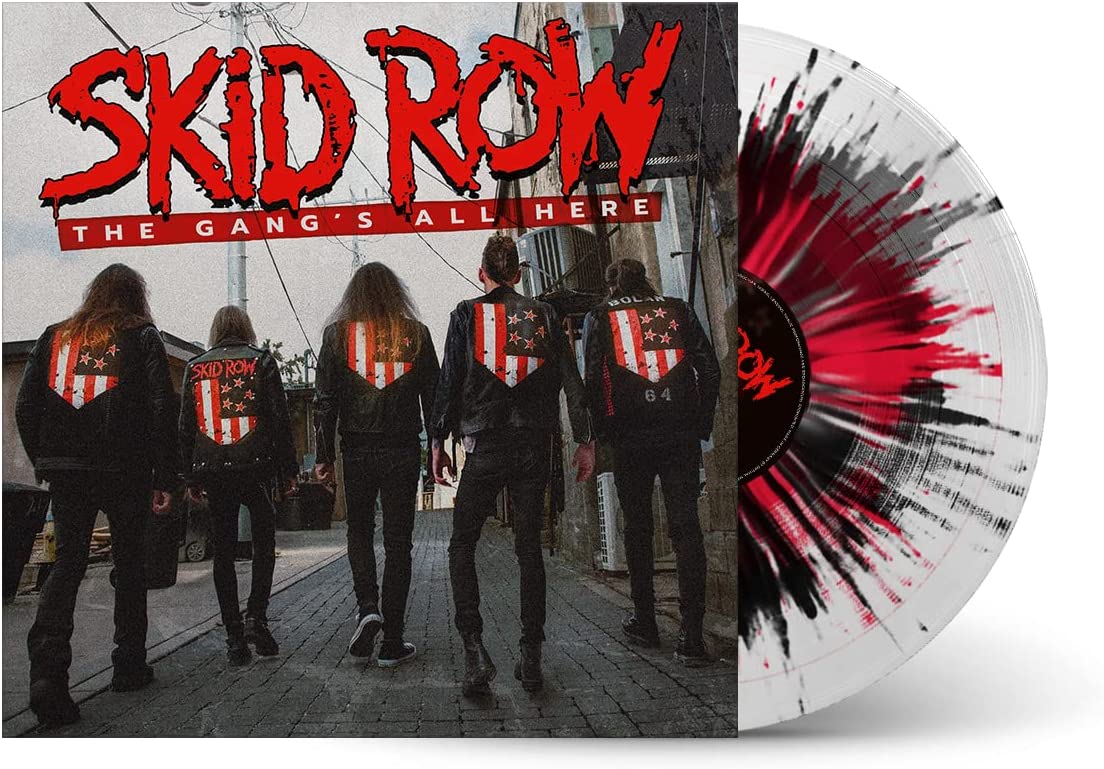 "Vinyl record with red, black, and white splatter, album cover shows band members."