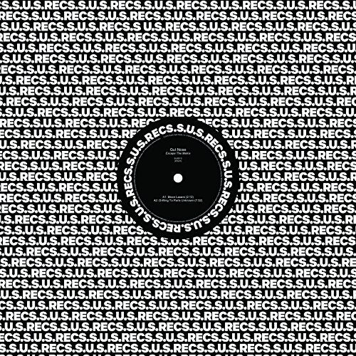 Black vinyl record with white text on a patterned background.