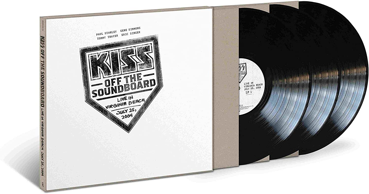 "KISS vinyl album cover with logo and text on a beige background."