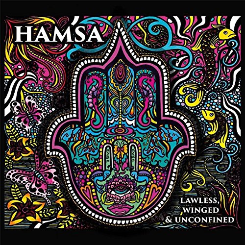 "Hamsa" album cover featuring a colorful, ornate hand design on a black background.