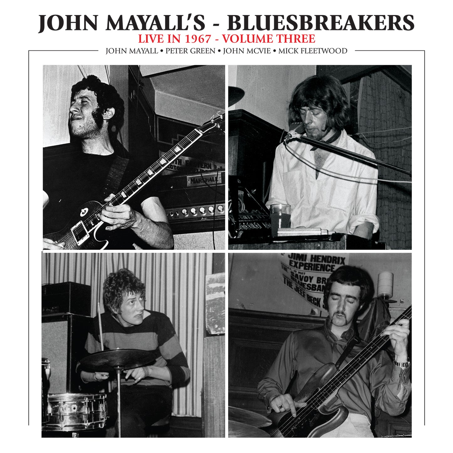 "Black and white album cover featuring four musicians playing instruments."
