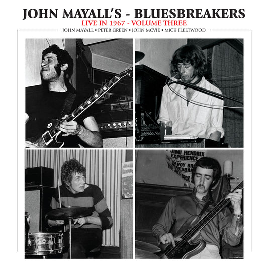 "Black and white album cover featuring four musicians playing instruments."