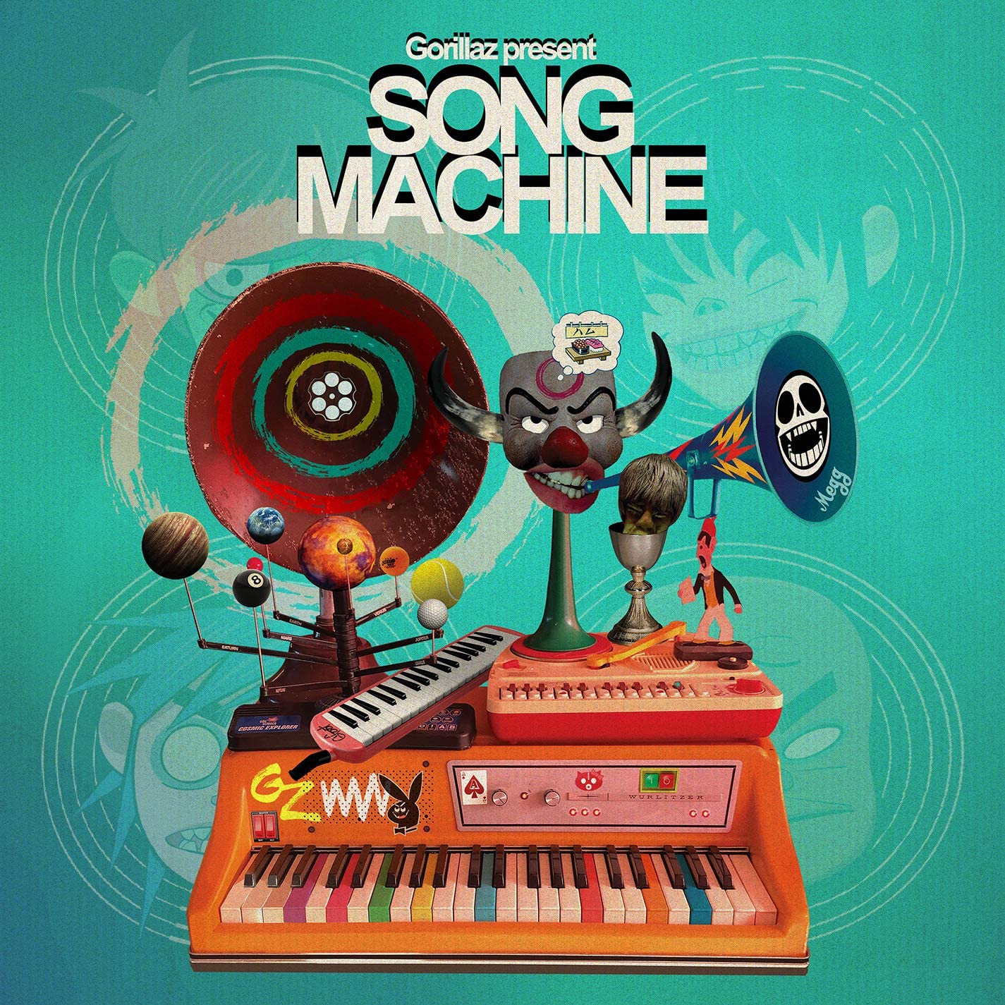 The image is an album cover featuring a colorful, cartoonish illustration of a keyboard. Key visual elements include: - A large orange keyboard with various objects on top - A red gramophone horn - A character wearing pink sunglasses - A green bottle - A skull logo on a blue circle The alt text is: "Album cover with cartoon keyboard and various colorful objects on turquoise background."