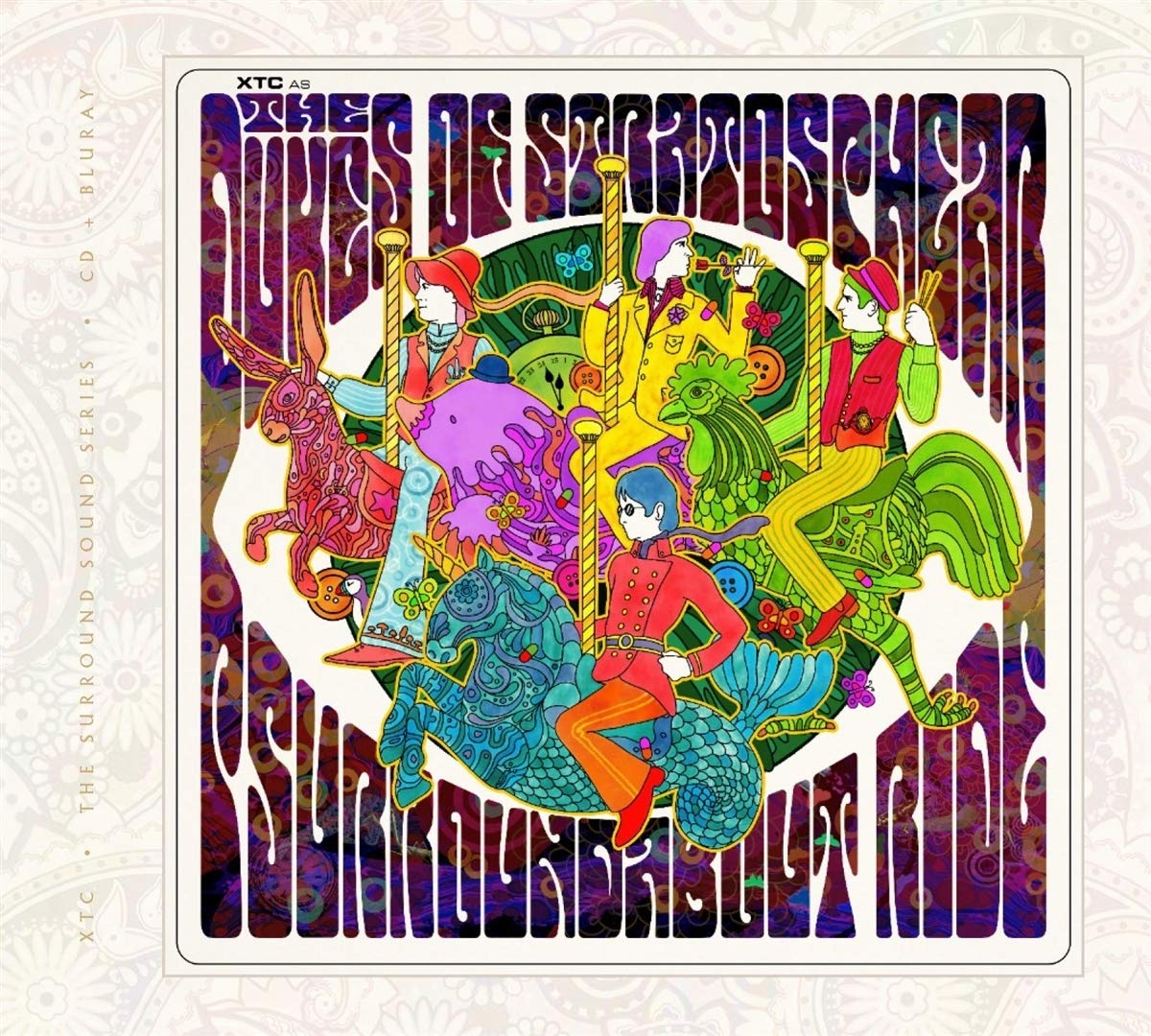 "Dukes of Stratosphear" album cover featuring colorful, psychedelic illustration of three men on horses.