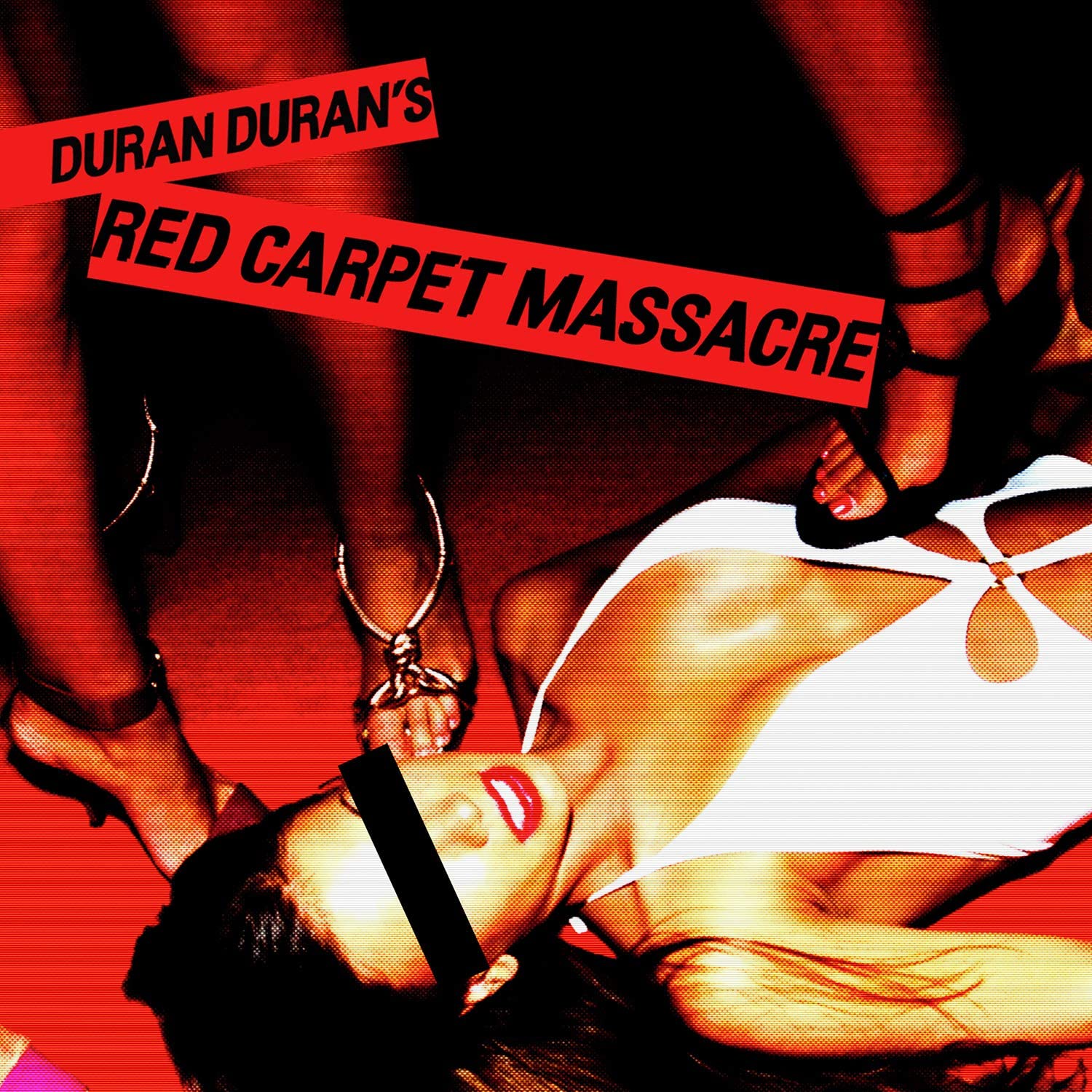 "Duran Duran's Red Carpet Massacre album cover featuring a woman in a white dress."
