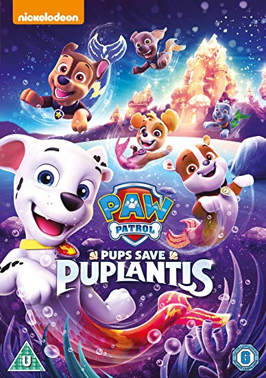 "Paw Patrol Pups Save Puplantis" DVD cover featuring cartoon dogs in an underwater scene.