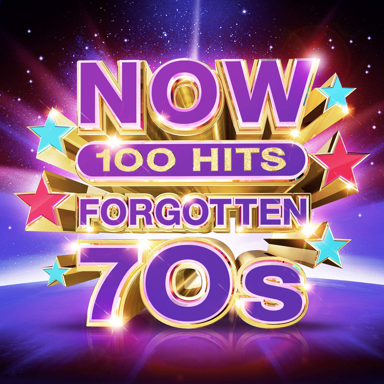 "CD cover art with 'NOW 100 HITS FORGOTTEN 70s' in purple and gold, starry background."