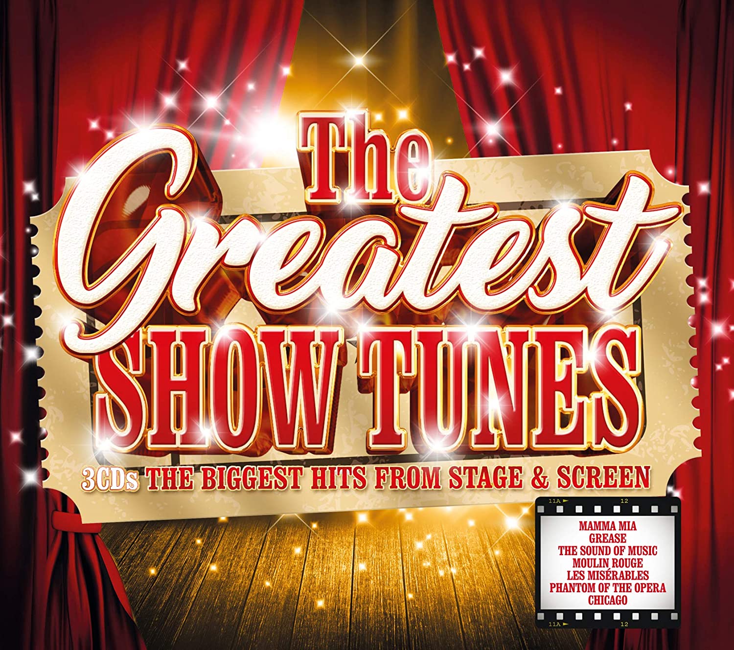 "Album cover with red curtains, stage, and text 'The Greatest Show Tunes'."