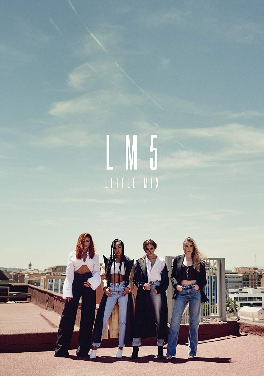 Black and white album cover featuring four women walking in a row on a street.