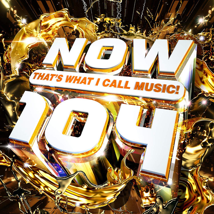 "Album cover with 'NOW 104' in large white text, surrounded by gold swirling patterns."