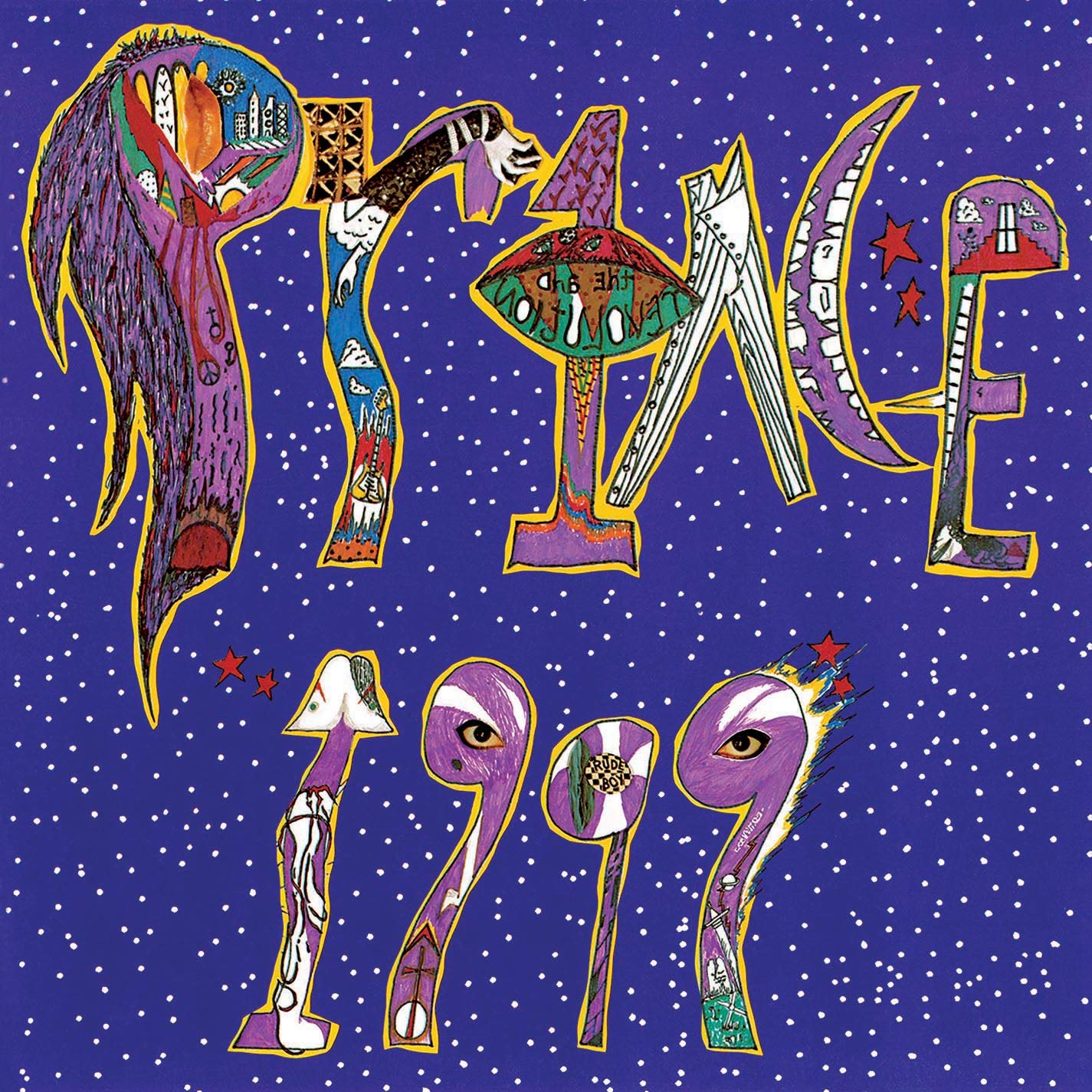 Purple album cover with "PRINCE 1999" in stylized, patterned letters on a starry background.
