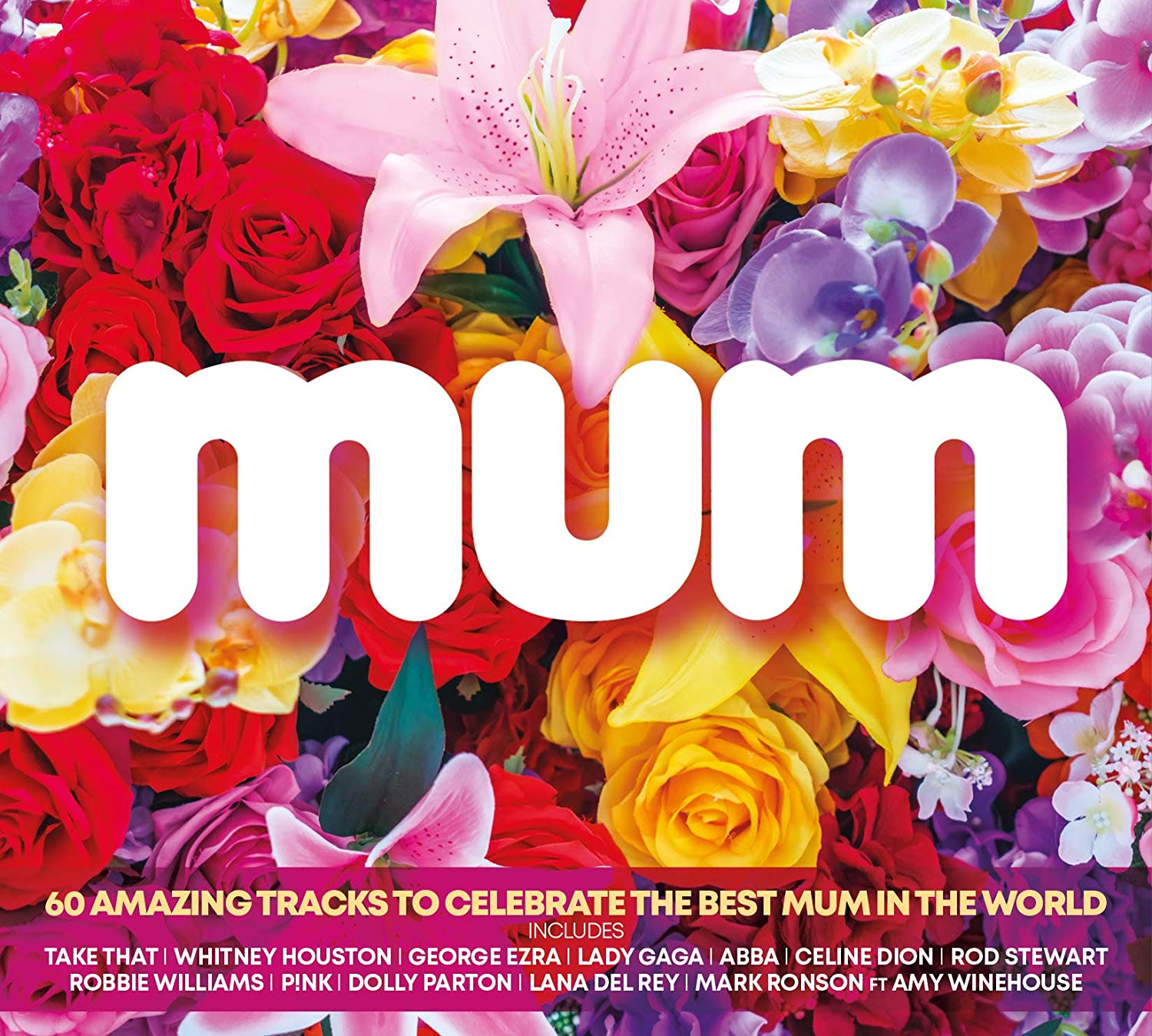 "CD cover with 'mum' in white text on a colorful floral background."
