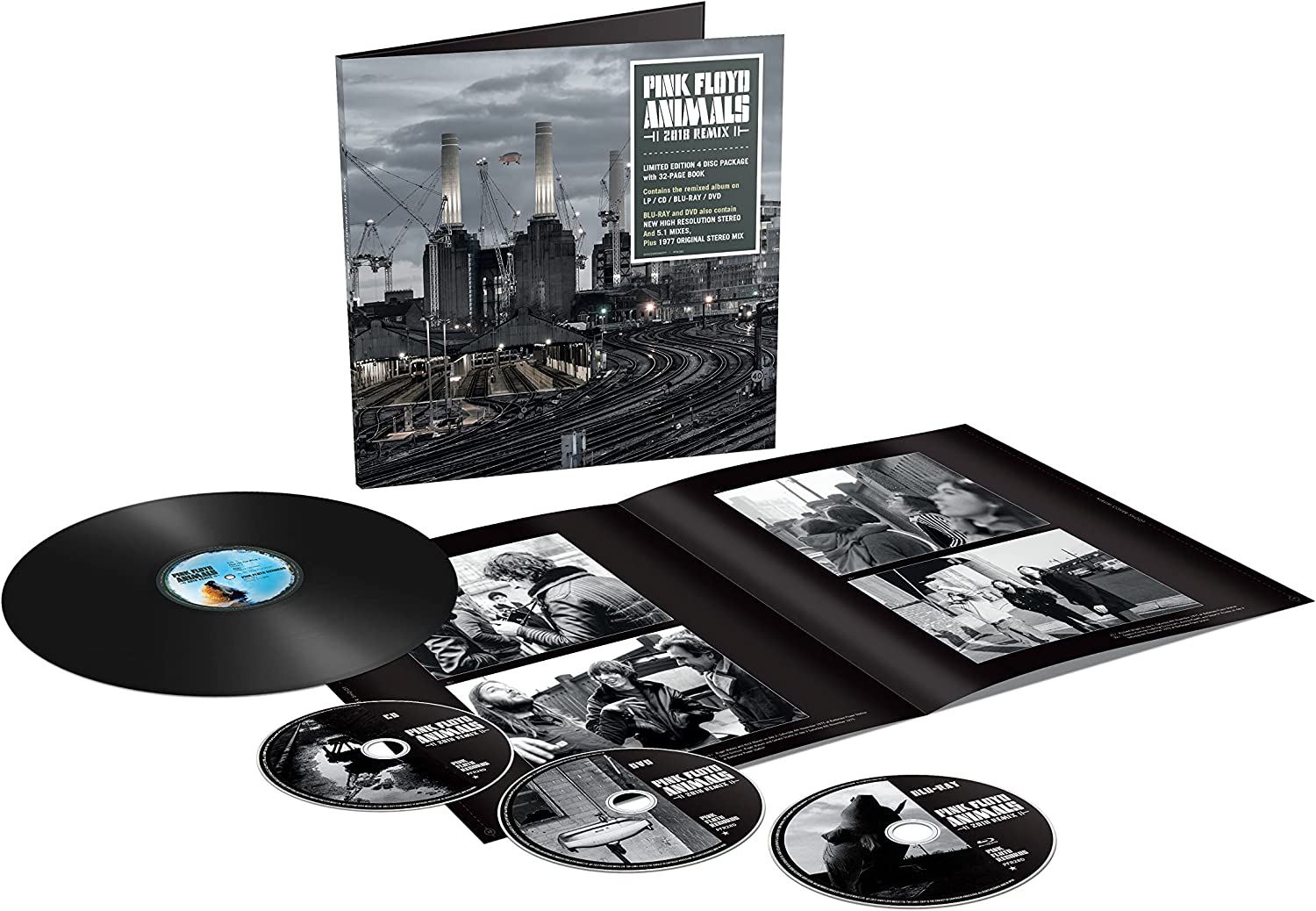 "Pink Floyd's 'Animals' album packaging with vinyl, CDs, and booklet on a white background."