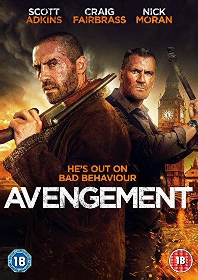 DVD cover for "Avengement" featuring two men with guns, with a burning cityscape.