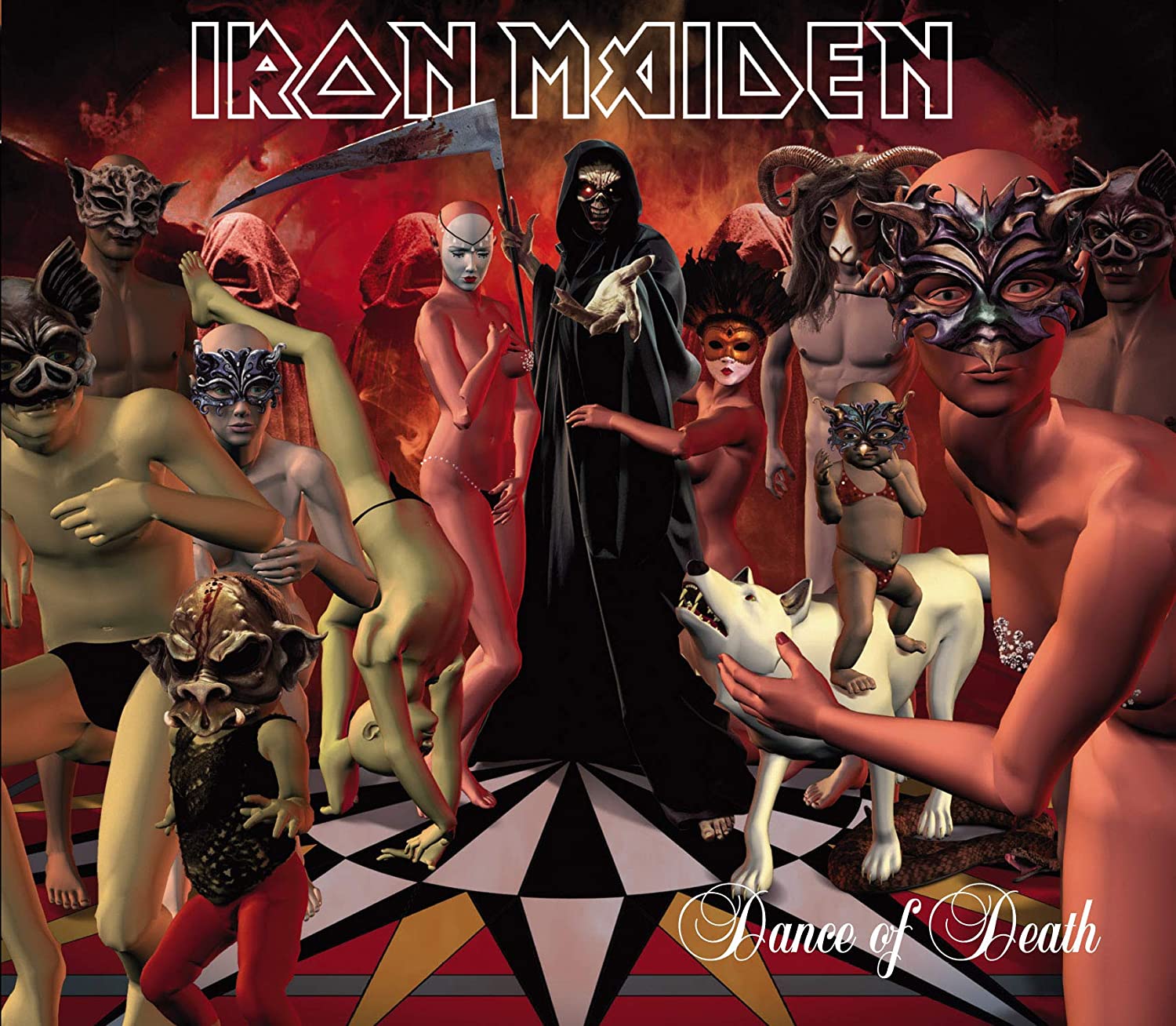 "Iron Maiden album cover featuring masked figures and a grim reaper."