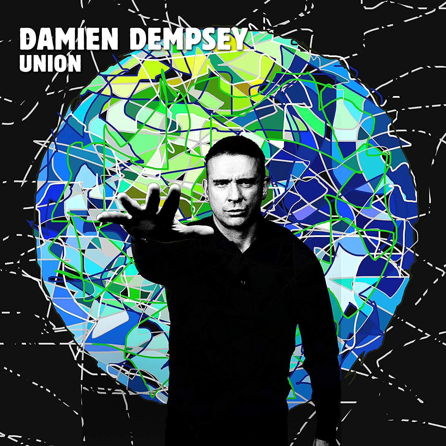 Damien Dempsey album cover featuring a man in black with a mosaic background.