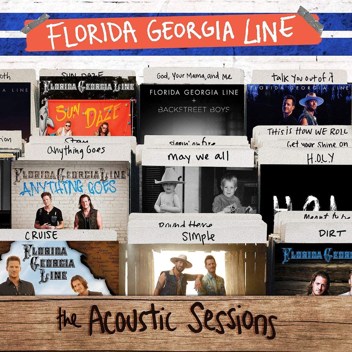 "CD cover with Florida Georgia Line's 'The Acoustic Sessions' title and collaged song titles."