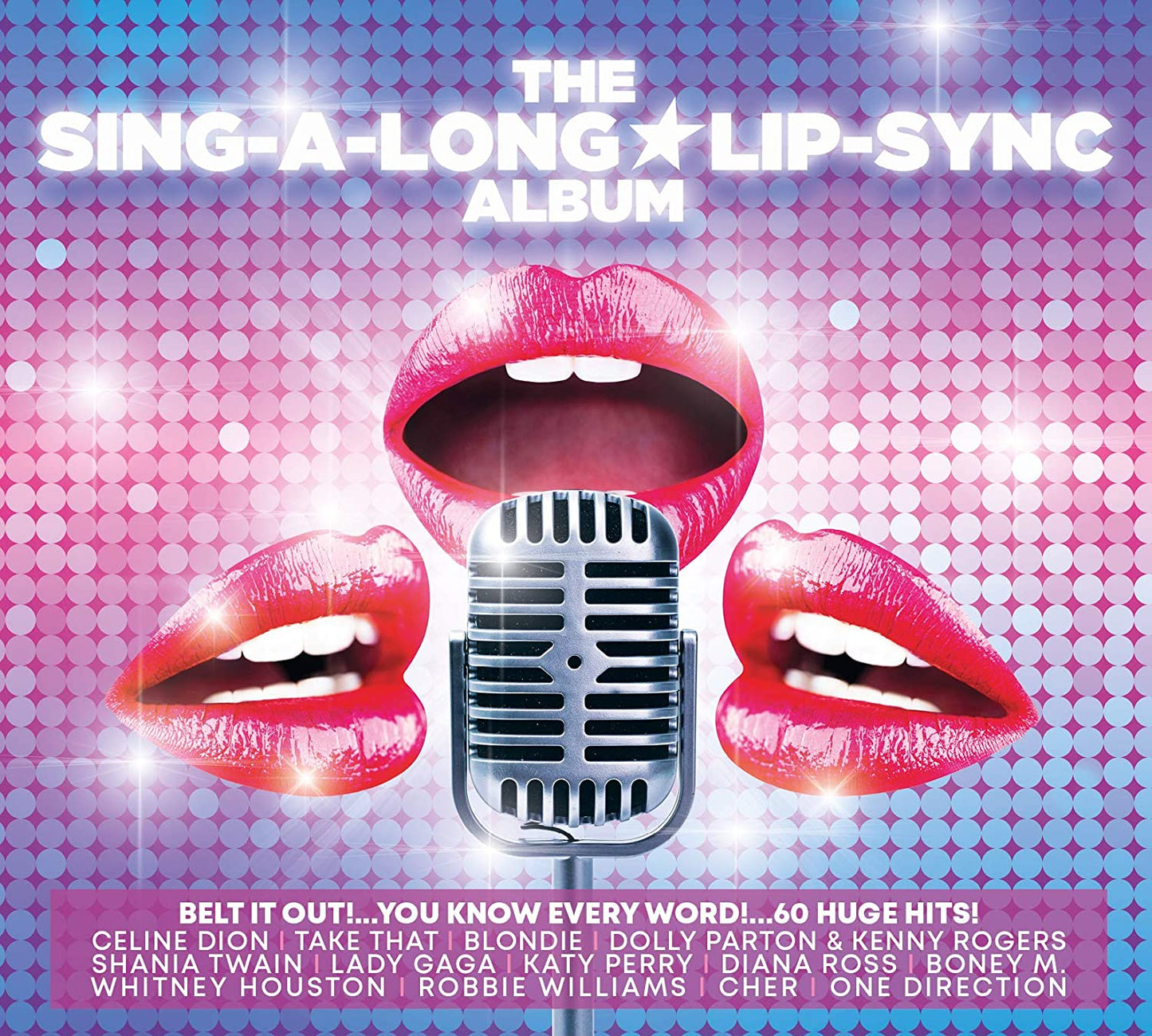 "CD album cover with lips and microphone on a pink and blue background."