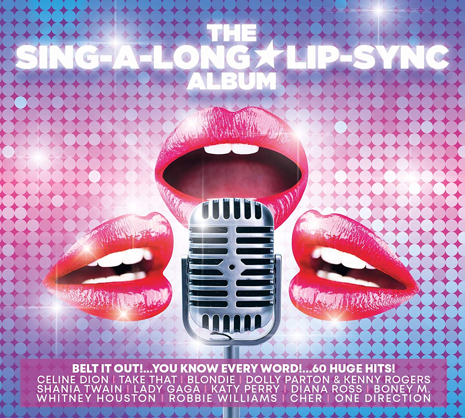 "CD album cover with lips and microphone on a pink and blue background."