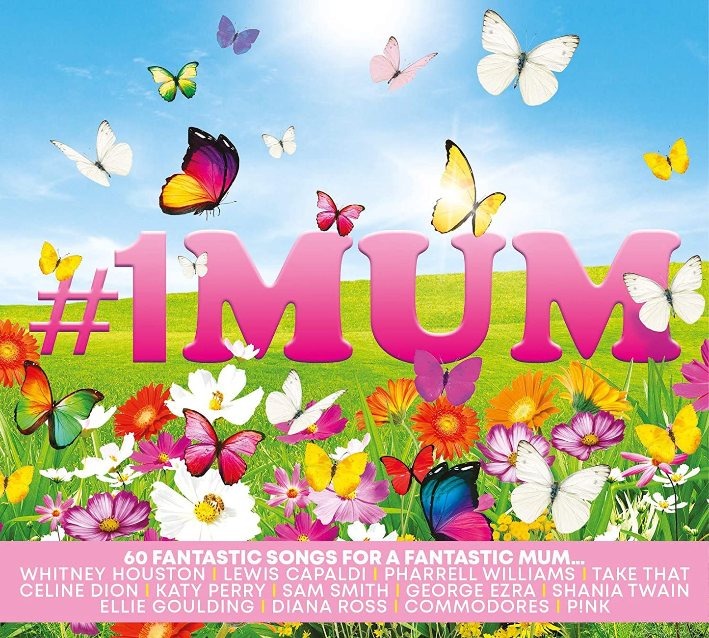 "Album cover with '#1MUM' in pink letters, surrounded by butterflies and flowers."