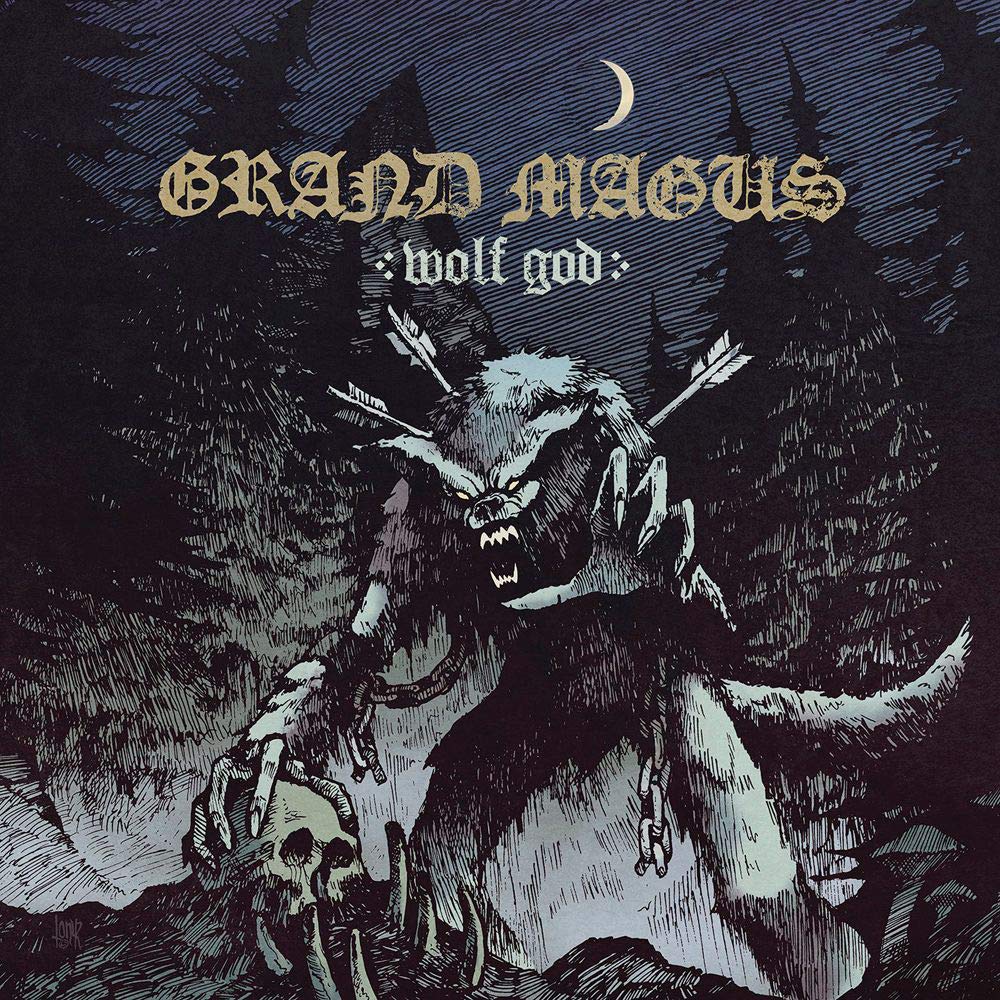 "Album cover featuring a wolf-like creature with arrows, in a dark forest."