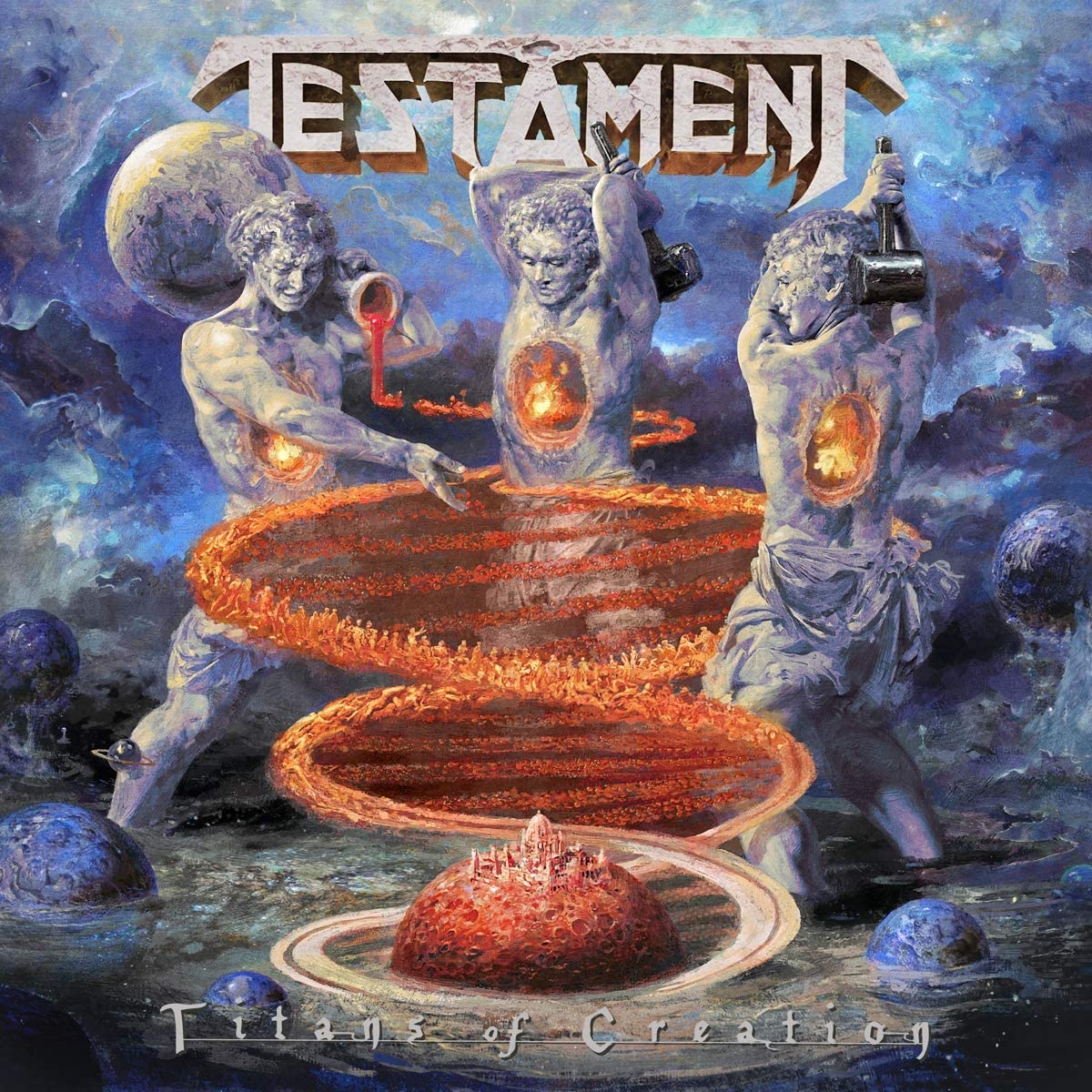 The image depicts the album cover for "Testament - Titans of Creation". The alt text is: "Album cover with three statues holding objects above a planet."