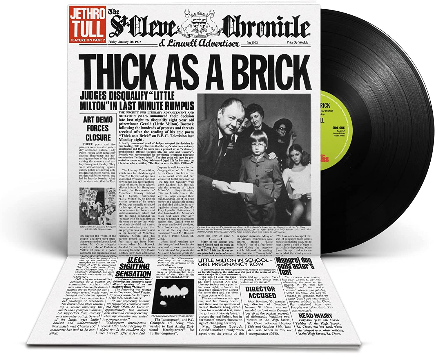 "Black and white image of a mock newspaper front page with headline and article."