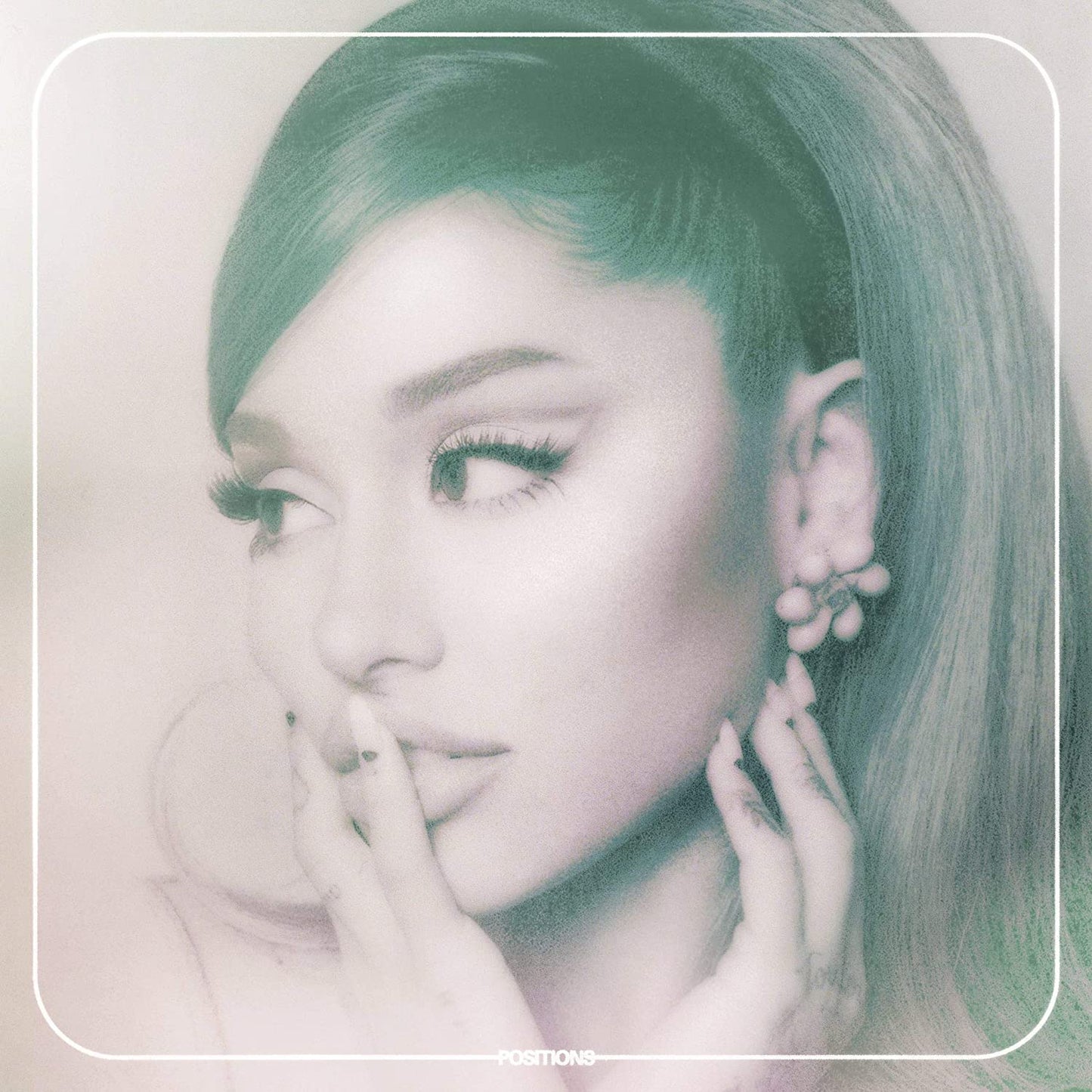 The image is a portrait of a woman with long hair and earrings. For accessibility purposes, a suitable alt text could be: "Ariana Grande's album cover with a portrait of her."