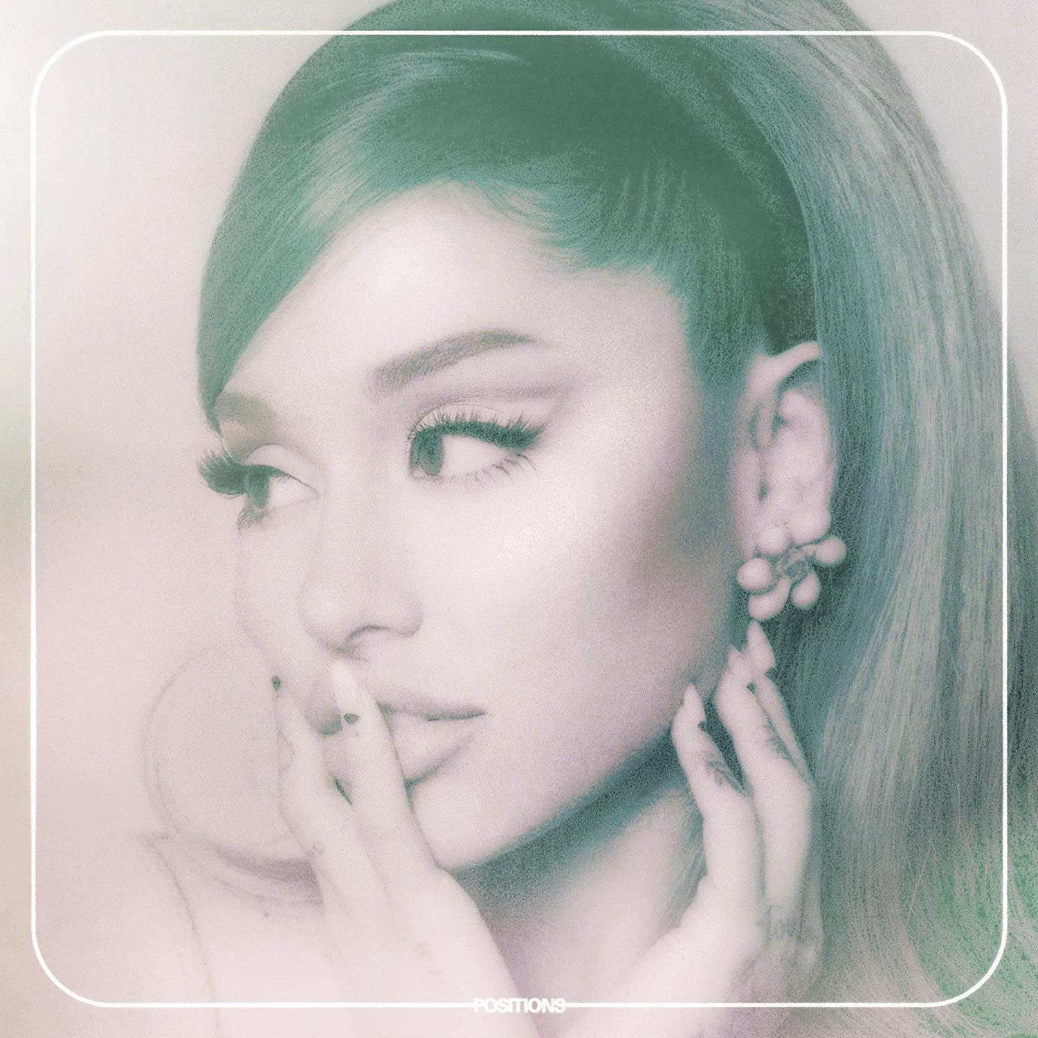 The image is a portrait of a woman with long hair and earrings. For accessibility purposes, a suitable alt text could be: "Ariana Grande's album cover with a portrait of her."