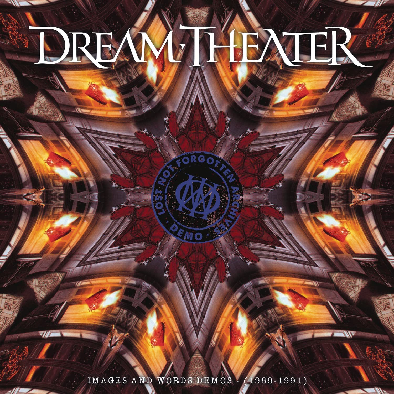 "Dream Theater album cover with kaleidoscope design and blue circular logo, white text."