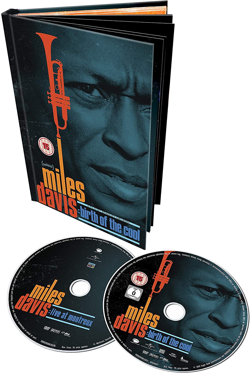 DVD case with two discs, featuring Miles Davis' face and trumpet, on white background.