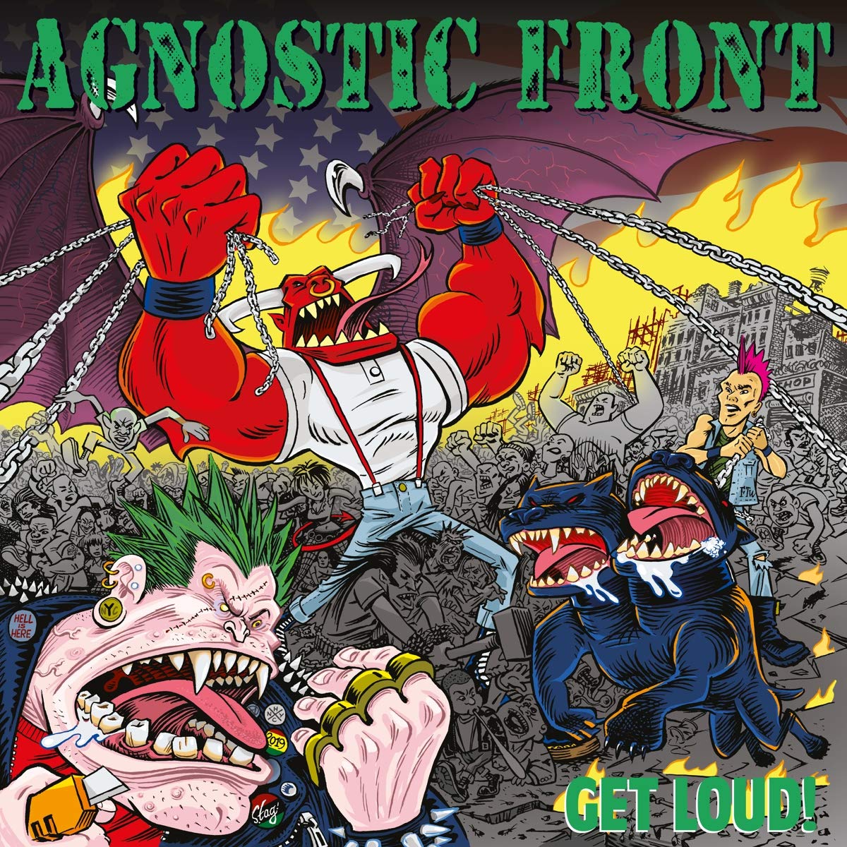 "Album cover art featuring cartoon monsters and destruction with 'Agnostic Front' and 'Get Loud!' text."