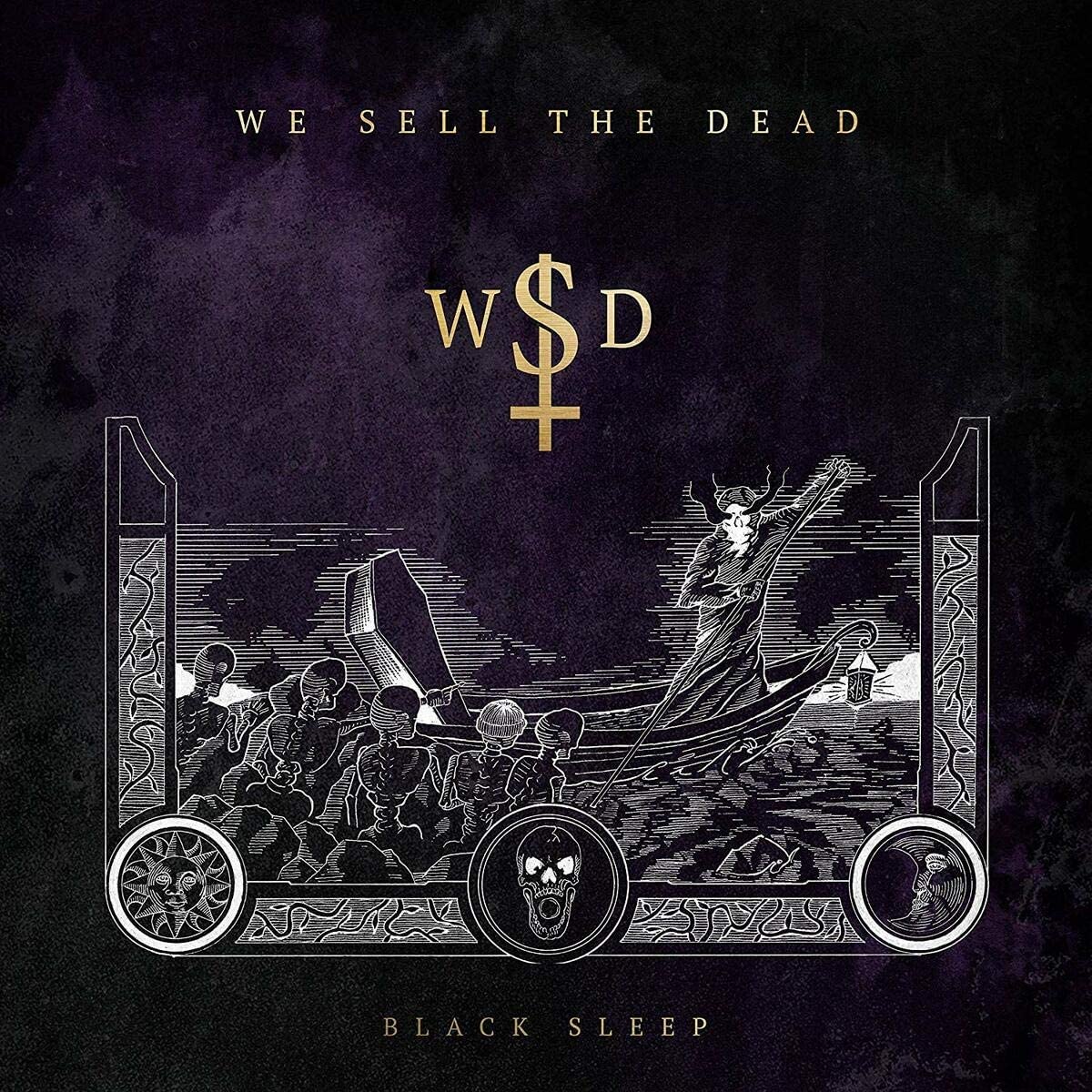 "Album cover art with dark, gothic illustration and gold text on a black background."