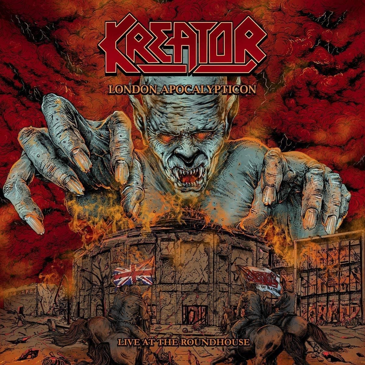 Album cover art featuring a monstrous figure emerging from a burning building.