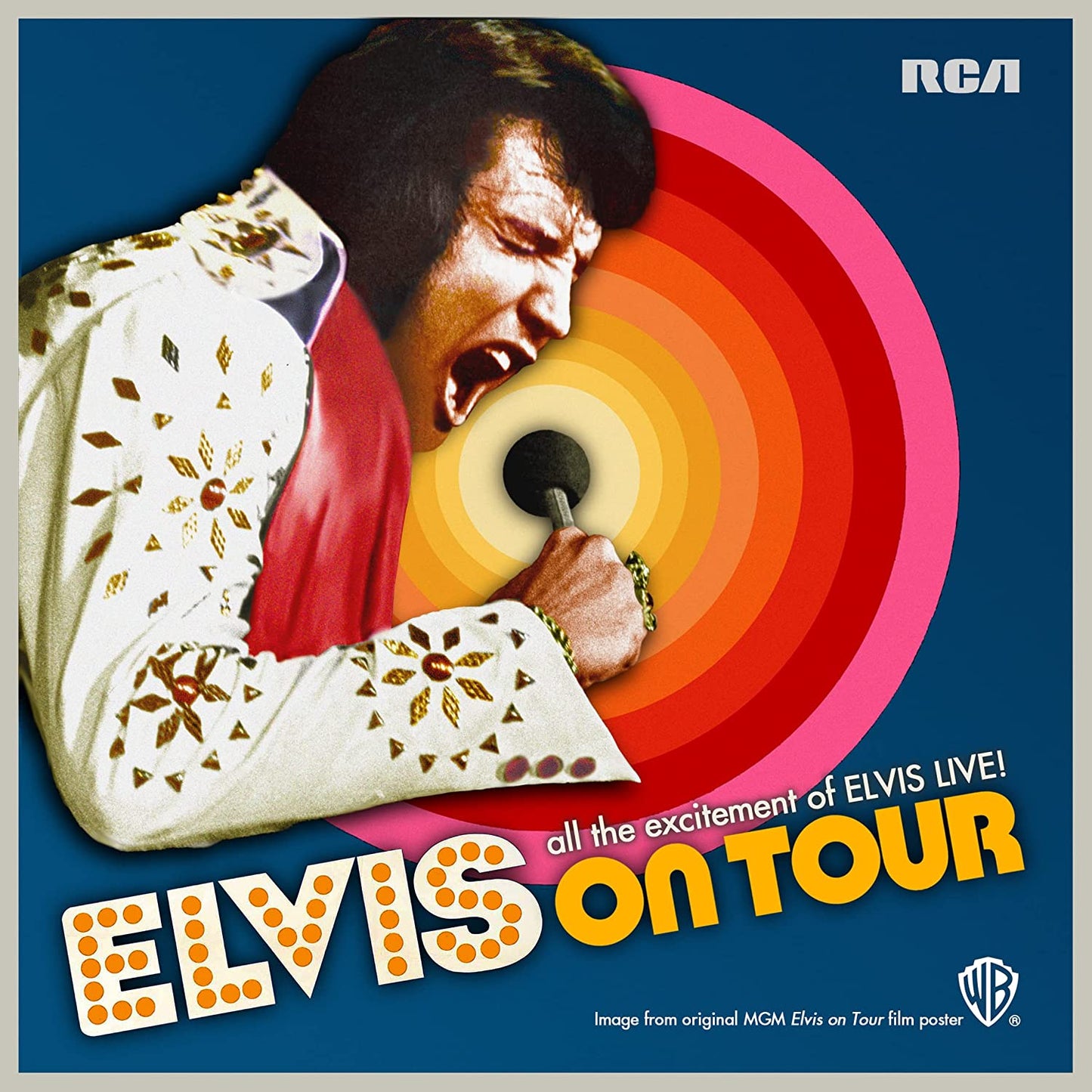 Elvis Presley in a white embroidered jumpsuit, singing into a microphone on a CD cover.