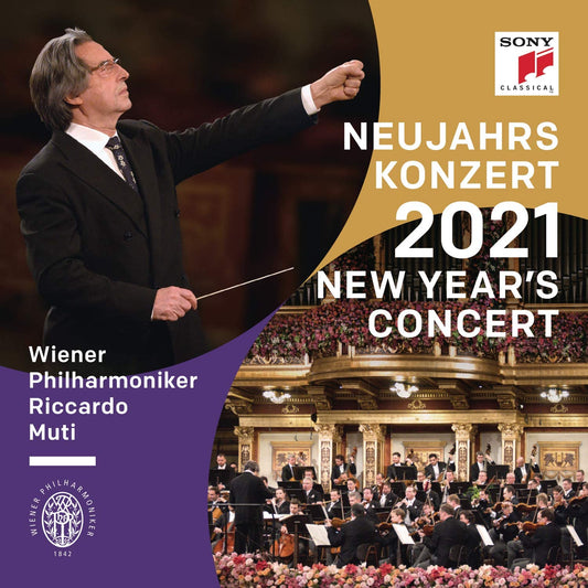 "CD cover featuring a conductor and an orchestra, with text 'New Year's Concert 2021'."