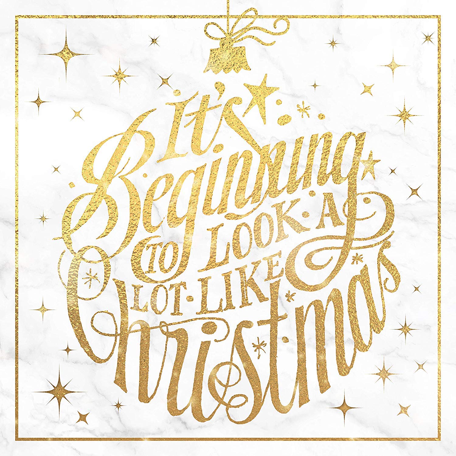 A Christmas CD cover with gold text on a white marble background.